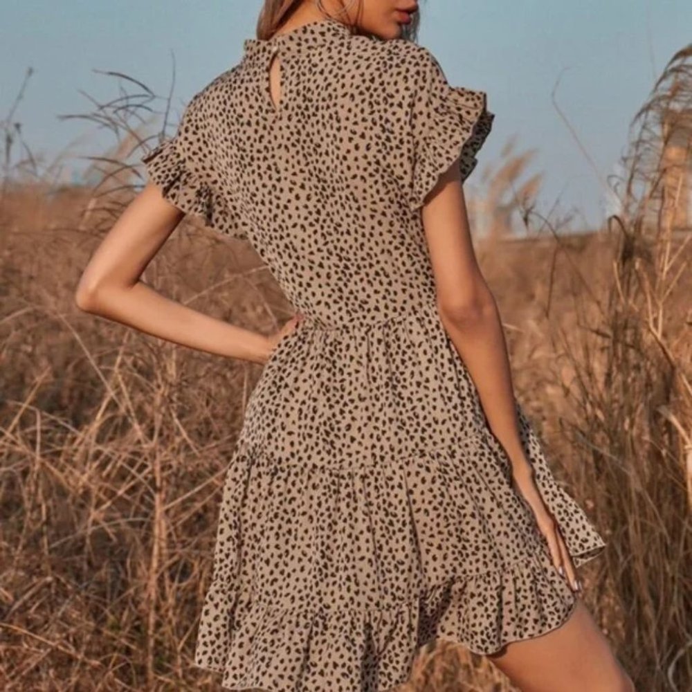 Boho Vibes Leopard Animal Print Dot Ruffle Mini Dress - Picture 4 of 4